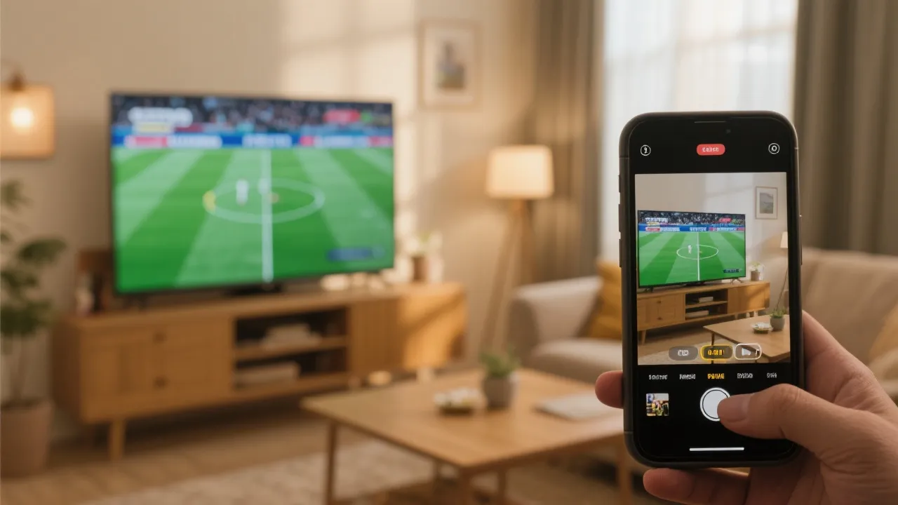 客厅电视与手机同时播放足球直播，对比清晰度与延时的场景